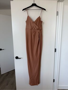 BHLDN Tan Sleeveless Wrap-Front Maxi Dress in Terracotta with high slit